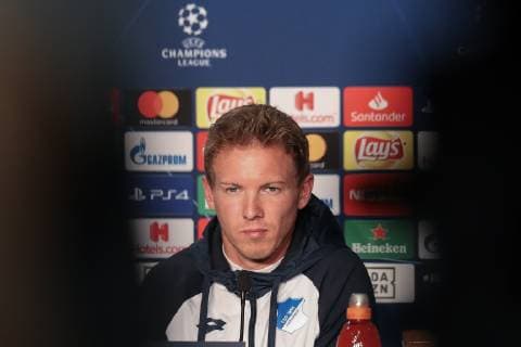 Julian Nagelsmann (Trainer, Cheftrainer, Hoffenheim), Einzelbild, Aktion, Action, bei der Pressekonferenz, PK, press conference PK Pressekonferenz Pressetermin, Medientermin, Porträt, Portrait, Fussball, UEFA Champions League, Pressekonferenz TSG 1899 Hoffenheim,
