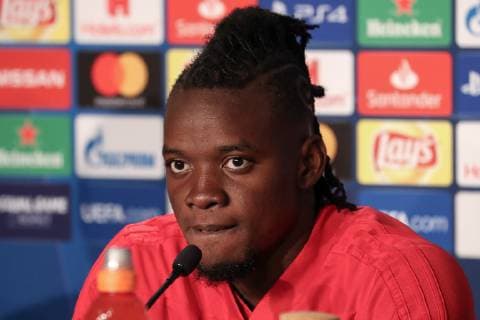 Fußball, CL, Olympique Lyon Pressekonferenz Bertrand Traore (Lyon, 10), bei der Pressekonferenz, PK, press conference PK Pressekonferenz Pressetermin, Medientermin, Einzelbild, Aktion, Action, Spielszene, Porträt, Portrait, Fussball, UEFA Champions League, Pressekonferenz Olympique Lyon,