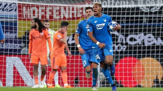 v.li.: Florian Grillitsch (Hoffenheim, 11), Torschütze Joelinton Cassio Apolinario de Lira (Joelinton, Hoffenheim, 34), jubeln über das Tor zum 3:3, Jubel, Torjubel, Torerfolg, celebrate the goal, goal, celebration, Jubel ueber das Tor, optimistisch, Spielszene, Highlight, Action, Aktion, Fussball, UEFA Champions League, TSG 1899 Hoffenheim - Olympique Lyon,