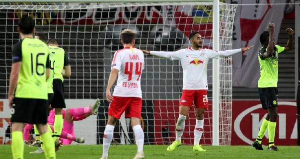 GER, Europa League, Gruppe B, RasenBallsport Leipzig vs Celtic Glasgow 25.10.18 , Leipzig, Red Bull Arena, GER, Saison 2018 2019, UEFA Europa League, Gruppe B, 3.Spieltag von 6 RasenBallsport Leipzig vs Celtic Glasgow im Bild Torjubel Matheus Cunha (Leipzig) nch dem Tor zum 1:0 DFL regulations prohibit any use of photographs as image sequences and or quasi-video