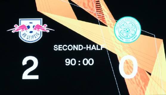 GER, Europa League, Gruppe B, RasenBallsport Leipzig vs Celtic Glasgow 25.10.18 , Leipzig, Red Bull Arena, GER, Saison 2018 2019, UEFA Europa League, Gruppe B, 3.Spieltag von 6 RasenBallsport Leipzig vs Celtic Glasgow im Bild Anzeigetafel Endstand 2:0 DFL regulations prohibit any use of photographs as image sequences and or quasi-video