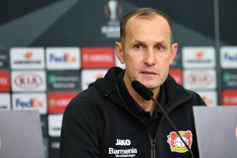 GER, UEFA EL, Bayer 04 Leverkusen (GER) vs. FC Zuerich (SUI) 08.11.2018, BayArena, Leverkusen, Europaleque, Vorrunde, GER, UEFA EL, Bayer 04 Leverkusen (GER) vs. FC Zuerich (SUI), DFL regulations prohibit any use of photographs as image sequences and or quasi-video im Bild picture shows: Pressekonferenz (PK) nach dem Spiel, Heiko Herrlich Trainer (Bayer Leverkusen),