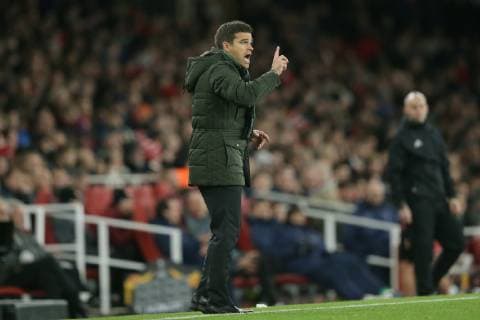 (181109) -- LONDON, Nov. 9, 2018 (Xinhua) -- Sporting Lisbon manager Tiago Fernandes looks across the pitch during the UEFA Europa League group E match between Arsenal and Sporting Lisbon at the Emirates Stadium in London, Britain on Nov. 8, 2018. The final score was 0-0. (Xinhua Tim Ireland) FOR EDITORIAL USE ONLY. NOT FOR SALE FOR MARKETING OR ADVERTISING CAMPAIGNS. NO USE WITH UNAUTHORIZED AUDIO, VIDEO, DATA, FIXTURE LISTS, CLUB LEAGUE LOGOS OR LIVE SERVICES. ONLINE IN-MATCH USE LIMITED TO 45 IMAGES, NO VIDEO EMULATION. NO USE IN BETTING, GAMES OR SINGLE CLUB LEAGUE PLAYER PUBLICATIONS. (SP) BRITAIN-LONDON-FOOTBALL-EUROPA LEAGUE-ARSENAL VS SPORTING LISBON