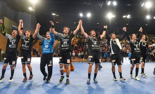Schlussjubel, Siegerjubel des HC Elbflorenz, HC Elbflorenz Dresden gegen HC Rhein Vikings, Handball, 2. Liga der Männer, 2. Bundesliga, Saison 2018 2019, Dresden, BallsportARENA Dresden, 11.11.2018,