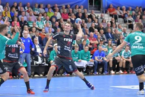 Skjern Handbold vs SG Flensburg-Handewitt , Handball, EHF Champions League Gruppenphase, 25.11.18 Magnus Roed (SG Flensburg-Handewitt, 77),Thomas Mogensen (Skjern Handbold, 02), Christoffer Cichosz (Skjern Handbold, 09),Hampus Wanne (SG Flensburg-Handewitt, 14)