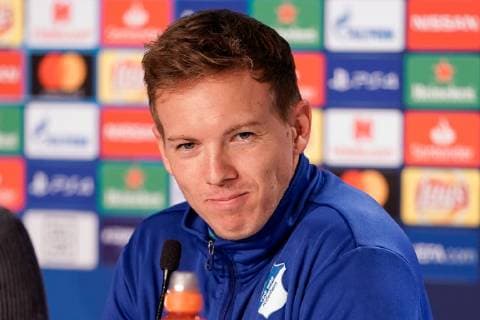 Julian Nagelsmann (Trainer, Cheftrainer, Hoffenheim), Einzelbild, Aktion, Action, Spielszene, Porträt, Portrait, bei der Pressekonferenz, PK, press conference PK Pressekonferenz Pressetermin, Medientermin, Fussball, UEFA Champions League, Pressekonferenz TSG 1899 Hoffenheim,