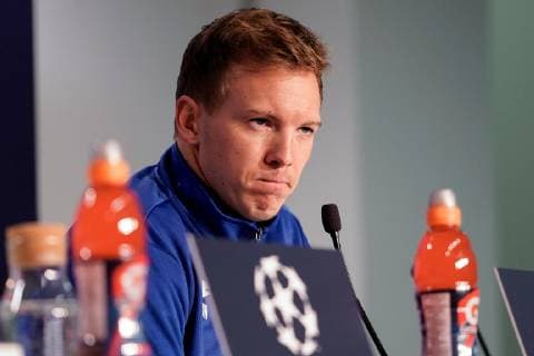 Julian Nagelsmann (Trainer, Cheftrainer, Hoffenheim), Einzelbild, Aktion, Action, Spielszene, enttäuscht schauend, Enttäuschung, Frustration, disappointed, pessimistisch, bei der Pressekonferenz, PK, press conference PK Pressekonferenz Pressetermin, Medientermin, Fussball, UEFA Champions League, Pressekonferenz TSG 1899 Hoffenheim,