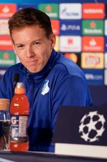Julian Nagelsmann (Trainer, Cheftrainer, Hoffenheim), Einzelbild, Aktion, Action, Spielszene, Porträt, Portrait, bei der Pressekonferenz, PK, press conference PK Pressekonferenz Pressetermin, Medientermin, Freude, freundlich, fröhlich, strahlend, optimistisch, Fussball, UEFA Champions League, Pressekonferenz TSG 1899 Hoffenheim,