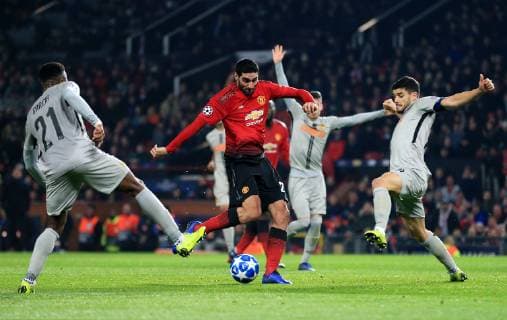 Manchester United ManU s Marouane Fellaini scores a late goal to make it 1-0 during the UEFA Champions League match at Old Trafford, Manchester. Picture date 27th November 2018. Picture credit should read: Matt McNulty Sportimage EDITORIAL USE ONLY. No use with unauthorised audio, video, data, fixture lists, club league logos or live services. Online in-match use limited to 120 images, no video emulation. No use in betting, games or single club league player publications.