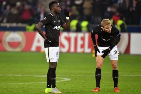v.re:Konrad LAIMER (L), BRUMA (L), Enttaeuschung,Frust,enttaeuscht, frustriert,niedergeschlagen, nach Spielende, Aktion. Fussball Europa League, Gruppenphase, Gruppe B, 5. Spieltag, FC Salzburg (SL)-RB Leipzig (L) 1-0, am 29.11.2018 Stadion Salzburg.