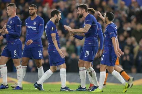 (181130) -- LONDON, Nov. 30, 2018 (Xinhua) -- Chelsea s Olivier Giroud (3rd R) celebrates scoring with teammates during the UEFA Europa League Group L match between Chelsea and PAOK at Stamford Bridge in London, Britain on Nov. 29, 2018. Chelsea won 4-0. (Xinhua Tim Ireland) FOR EDITORIAL USE ONLY. NOT FOR SALE FOR MARKETING OR ADVERTISING CAMPAIGNS. NO USE WITH UNAUTHORIZED AUDIO, VIDEO, DATA, FIXTURE LISTS, CLUB LEAGUE LOGOS OR LIVE SERVICES. ONLINE IN-MATCH USE LIMITED TO 45 IMAGES, NO VIDEO EMULATION. NO USE IN BETTING, GAMES OR SINGLE CLUB LEAGUE PLAYER PUBLICATIONS. (SP) BRITAIN-LONDON-FOOTBALL-EUROPA LEAGUE-CHELSEA VS PAOK