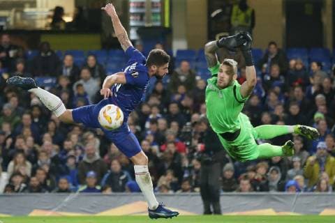 Sport Bilder des Tages (181130) -- LONDON, Nov. 30, 2018 (Xinhua) -- Chelsea s Olivier Giroud (L) competes for a header during the UEFA Europa League Group L match between Chelsea and PAOK at Stamford Bridge in London, Britain on Nov. 29, 2018. Chelsea won 4-0. (Xinhua Tim Ireland) FOR EDITORIAL USE ONLY. NOT FOR SALE FOR MARKETING OR ADVERTISING CAMPAIGNS. NO USE WITH UNAUTHORIZED AUDIO, VIDEO, DATA, FIXTURE LISTS, CLUB LEAGUE LOGOS OR LIVE SERVICES. ONLINE IN-MATCH USE LIMITED TO 45 IMAGES, NO VIDEO EMULATION. NO USE IN BETTING, GAMES OR SINGLE CLUB LEAGUE PLAYER PUBLICATIONS. (SP) BRITAIN-LONDON-FOOTBALL-EUROPA LEAGUE-CHELSEA VS PAOK