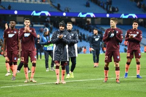 12.12.2018, xmeix, Fussball UEFA Champions League, Manchester City FC - TSG 1899 Hoffenheim, emspor, v.l. Kasim Adams Nuhu (TSG 1899 Hoffenheim), Florian Grillitsch (TSG 1899 Hoffenheim), Leonardo Bittencourt (TSG 1899 Hoffenheim), Steven Zuber (TSG 1899 Hoffenheim), Andrej Kramaric (TSG 1899 Hoffenheim), Nadiem Amiri (TSG 1899 Hoffenheim) DFL DFB REGULATIONS PROHIBIT ANY USE OF PHOTOGRAPHS as IMAGE SEQUENCES and or QUASI-VIDEO Manchester