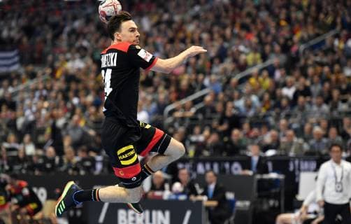 Patrick Groetzki (Deutschland), beim Wurf Korea-Deutschland Korea-Germany IHF Handball Weltmeisterschaft 2019, Hanball World Championship WM Weltmeisterschaft 2019, Herren, Männer, Maenner, men, Handball, Deutschland, Germany, Vorrunde, Gruppe A, group A Berlin, 10.1.2019