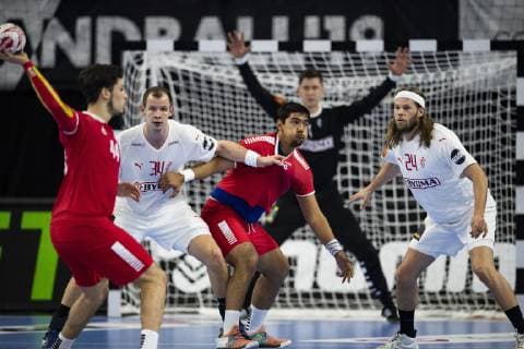 January 10, 2019 - Copenhagen, Denmark - Aaron Codina, Chile, Simon Hald (34), Denmark, Victor Donoso (77), Chile, Mikkel Hansen (24), Denmark fighting for the ball in the group C handball match between Denmark and Chile in Royal Arena in Copenhagen, Denmark during the 2019 IHF Handball World Championship WM Weltmeisterschaft in Germany Denmark. Handball 2019: Denmark 0:0 Chile - ZUMAm173 20190110_zsp_m173_005 Copyright: xLarsxMoellerx