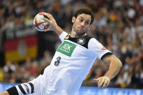 Uwe Gensheimer (Deutschland), beim Wurf Deutschland-Brasilien Germany-Brazil Brasilia-France IHF Handball Weltmeisterschaft 2019, Hanball World Championship WM Weltmeisterschaft 2019, Herren, Männer, Maenner, men, Handball, Deutschland, Germany, Vorrunde, Gruppe A, group A Berlin, 12.1.2019