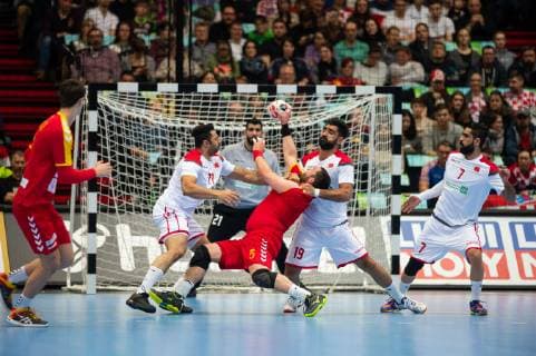 Handball WM, 2019, Vorrunde, Gruppe B, München, Olympiahalle, Begegnung Marzedonien - Bahrain, im Bild:Ali Mersa , Mohammed Mersa, Mohammed A. Husain Abdulla , Dschasim Abbas Al-Salatna, @Martin Hangen hangenfoto