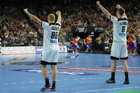 GER, IHF WM 2019, Deutschland (GER) vs Spanien (ESP) 23.01.2019, Lanxess Arena,Koeln, GER, IHF WM 2019, Deutschland (GER) vs Spanien (ESP), im Bild picture shows: Paul Drux (GER 95), und Finn Lemke (GER 6), freuen sich