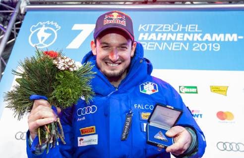25.01.2019, Streif, Kitzbuehel, AUT, FIS Weltcup Ski Alpin, Abfahrt, Herren, Siegerehrung, im Bild Dominik Paris (ITA, 1. Platz) race winner Dominik Paris of Italy during the winner Ceremony for the men s Downhill of FIS Ski Alpine World Cup at the Streif in Kitzbuehel, Austria on 2019 01 25. Kitzbuehel