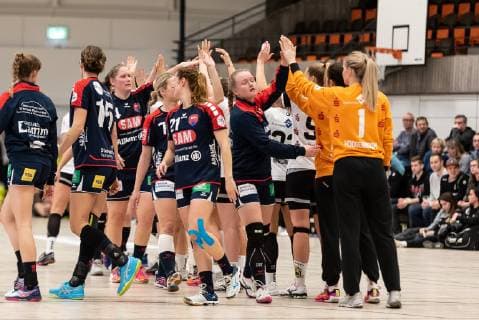 begruessung der Manschaften, Alyin Bok (SG H2Ku Herrenberg Kuties 08), Mandy Hoogenboom (VfL Waiblingen 01), VfL Waiblingen Tigers vs. SG H2Ku Herrenberg Kuties , Handball, 2.Bundesliga, Frauen, HBF, Saison 18 19, 15.02.2019, VfL Waiblingen Tigers vs. SG H2Ku Herrenberg Kuties , Handball, 2.Bundesliga, Frauen, HBF, Saison 18 19, 15.02.2019 Waiblingen Copyright: xEIBNER WolfgangxFrankx EP_WFK
