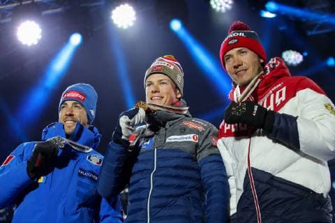 Nordische Ski WM in Seefeld, Langlauf Sprint Herren, Siegerehrung NORDIC SKIING - FIS Nordic World Ski Championships Seefeld 2019 SEEFELD,AUSTRIA,22.FEB.19 - NORDIC SKIING, CROSS COUNTRY SKIING - FIS Nordic World Ski Championships, medal plaza, award ceremony, sprint, men. Image shows Federico Pellegrino (ITA), Johannes Hoesflot Klaebo (NOR) and Gleb Retivykh (RUS). Keywords: medal. GEPAxpictures xChristianxWalgram