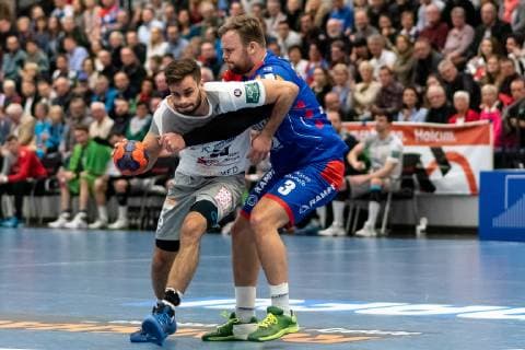 Sebastian Gress (HC Elbflorenz Dresden 25), Marcel Niemeyer (HBW Balingen-Weilstetten 03), HBW Balingen-Weilstetten vs. HC Elbflorenz Dresden, Handballl, DKB, Herren, 2.Bundesliga, 23. Spieltag, Saison 18 19, GER, 23.02.2019, HBW Balingen-Weilstetten vs. HC Elbflorenz Dresden, Handballl, DKB, Herren, 2.Bundesliga, 23. Spieltag, Saison 18 19, GER, 23.02.2019 Balingen Copyright: xEIBNER WolfgangxFrankx EP_WFK