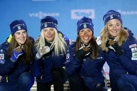 Nordische Ski WM in Seefeld, 4x5km Staffel Damen, Siegerehrung NORDIC SKIING - FIS Nordic World Ski Championships Seefeld 2019 SEEFELD,AUSTRIA,28.FEB.19 - NORDIC SKIING, CROSS COUNTRY SKIING - FIS Nordic World Ski Championships, Medal Plaza, award ceremony, 4x5km relay, ladies. Image shows Ebba Andersson, Frida Karlsson, Charlotte Kalla, Stina Nilsson (SWE). GEPAxpictures xCh.xKelemen