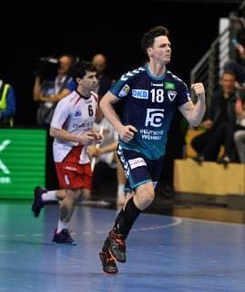 Hans Lindberg (Füchse), jubelt nach einem Tor Füchse Berlin - ESP BM Logrono La Rioja EHF Cup Mens , 2018 2019, Gruppenphase, Herren, Männer, men, Handball, Deutschland, Germany, Max-Schmeling-Halle Berlin, 3.3.2019