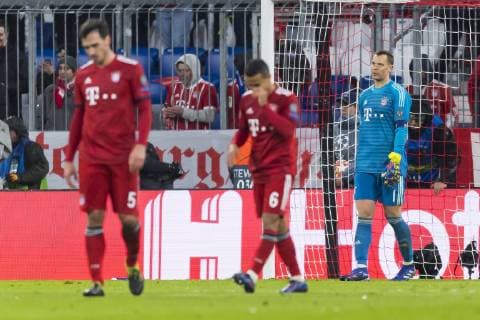 GER, UEFA CL, FC Bayern Muenchen (GER) vs FC Liverpool (GBR) 13.03.2019, Allianz Arena, Muenchen, GER, UEFA CL, FC Bayern Muenchen (GER) vs FC Liverpool (GBR) ,Achtelfinale, UEFA regulations prohibit any use of photographs as image sequences and or quasi-video, im Bild enttaeuscht Manuel Neuer (FCB 1) Mats Hummels (FCB 5) Thiago (FCB 6)