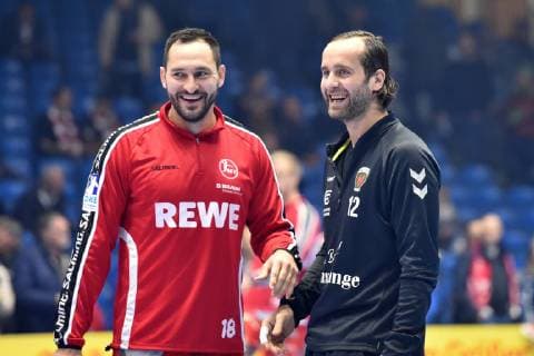 Philipp Mueller (MT Melsungen) (L) und Silvio Heinevetter (Torwart Fuechse Berlin) vor dem Spiel , GER, MT Melsungen - Fuechse Berlin, Handball, 1. Bundesliga Maenner, 14.03.2019, GER, MT Melsungen - Fuechse Berlin, Handball, 1. Liga Maenner, 14.03.2019 Kassel Copyright: xEIBNER RolandxSippelx EP_RSL