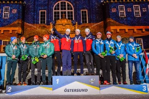 190316 Erik Lesser, Roman Rees, Arnd Peiffer and Benedikt Doll of Germany, Johannes Thingnes Bo, Vetle Sjastad Christiansen, Tarjei Bo and Johannes Thingnes Bo of Norway, Matvey Eliseev, Nikita Porshnev, Dmitry Malyshko and Alexander Loginov of Russia celebrate during the medal ceremony for the Men s 4x7,5 km Relay during the IBU World Championships Biathlon on March 16, 2019 in Östersund. Photo: Petter Arvidson BILDBYRAN kod PA 92270 Copyright: PETTERxARVIDSON BB190316PA190