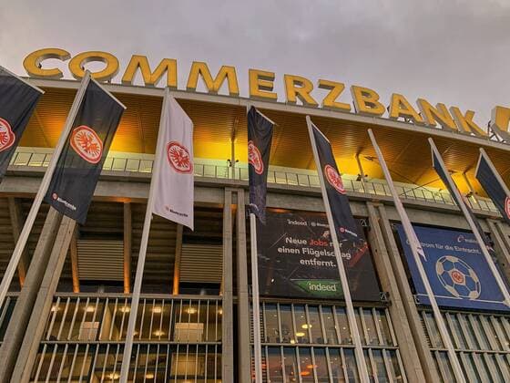 Commerzbank Arena Stadium, football stadium, exterior view, architecture, exterior, arena, light, light mood, evening mood, overview, long shot, night shot, evening sky, night sky, EINTRACHT FRANKFURT - FC BAYERN MUNICH 0-3 - DFL REGULATIONS PROHIBIT ANY USE OF PHOTOGRAPHS as IMAGE SEQUENCES and or QUASI-VIDEO - 1.German Soccer League , in Frankfurt, December 22, 2018 Season 2018 2019, matchday 17, FCB, München, Photographer: Peter Schatz
