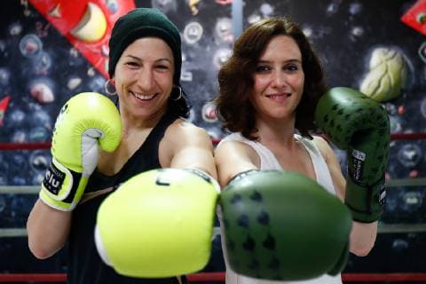 April 1, 2019 - Madrid, MADRID, SPAIN - MADRID, SPAIN - APRIL 01: The PP candidate to the presidency of Madrid, Isabel Diaz Ayuso (R), visits the female European boxing Champion, Miriam Gutierrez (L), on April 01, 2019 in Madrid, Spain. BOXING - POLITICAL VISITS TO MIRIAM GURIERREZ - ZUMAa181 90418729st Copyright: xAFP7x