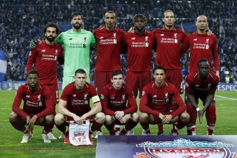 (Top Row L-R) Mohamed Salah of Liverpool FC, Liverpool FC goalkeeper Alisson Becker, Joel Matip of Liverpool FC, Divock Origi of Liverpool FC, Virgil van Dijk of Liverpool FC, Fabinho of Liverpool FC (Front row L-R) Georginio Wijnaldum of Liverpool FC, James Milner of Liverpool FC, Andy Robertson of Liverpool FC, Trent Alexander-Arnold of Liverpool FC, Sadio Mane of Liverpool FC during the UEFA Champions League quarter final match between FC Porto and Liverpool FC at Estadio do Dragao on April 17, 2019 in Porto, Portugal UEFA Champions League 2018 2019 xVIxVIxImagesx xMauricexvanxSteenxIVx 14225186