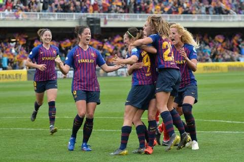 Torjubel FC Barcelona Barca nach dem 1:0-Führungstreffer, Caldentey Maria Francesca (FC Barcelona), Hamraoui, Kheira (FC Barcelona), Losada Maria Victoria (FC Barcelona), Torrejon Moya Marta (FC Barcelona) Barcelona, Spanien, 28.04.2019, Fussball, Frauenfussball, FC Barcelona - FC Bayern München