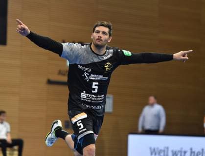 Torjubel, Jubel, Tim-Philip Jurgeleit (Dresden), HC Elbflorenz Dresden gegen TV Hüttenberg, Handball, 2. Liga der Männer, 2. Bundesliga, Saison 2018 2019, Dresden, BallsportARENA Dresden, 05.05.2019,