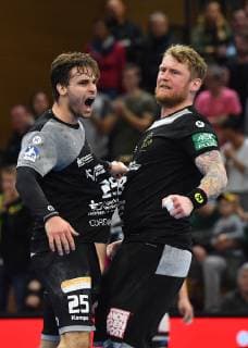Torjubel, Jubel, v.l.: Sebastian Greß und Henning Quade (beide Dresden), HC Elbflorenz Dresden gegen TV Hüttenberg, Handball, 2. Liga der Männer, 2. Bundesliga, Saison 2018 2019, Dresden, BallsportARENA Dresden, 05.05.2019,