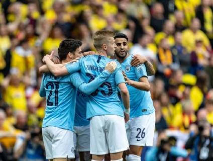 David Silva of Manchester City celebrates scoring the 1st goal during the FA CUP FINAL match between Manchester City and Watford at Wembley Stadium, London, England on 18 May 2019. Copyright: xAndyxRowlandx PMI-2832-0048