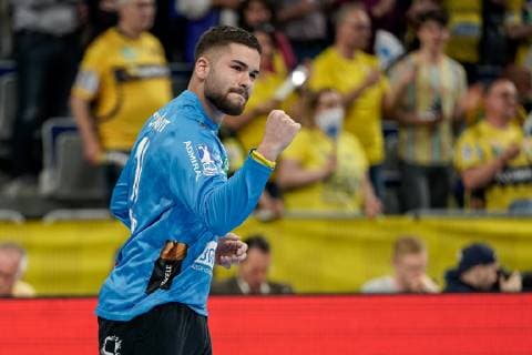 Can Adanir (Torwart, RNL, 16), Einzelbild, Aktion, Action, jubelt über ein Tor, Jubel, Torjubel, Torerfolg, celebrate the goal, goal, celebration, Jubel ueber das Tor, optimistisch, Spielszene, Highlight, Action, Aktion, 23.05.2019, Mannheim, Handball, DKB Bundesliga, Rhein-Neckar Löwen - FRISCH AUF! Göppingen