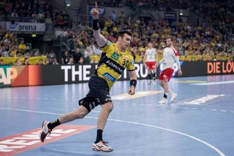 Torschütze Gedeon Guardiola (RNL, 30) jubelt über ein Tor, Jubel, Torjubel, Torerfolg, celebrate the goal, goal, celebration, Jubel ueber das Tor, optimistisch, Spielszene, Highlight, Action, Aktion, 29.05.2019, Mannheim, Handball, DKB Bundesliga, Rhein-Neckar Löwen - TSG Ludwigshafen-Friesenheim (Die Eulen)