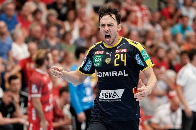 Patrick Groetzki (RNL, 24), jubelt über ein Tor, Jubel, Torjubel, Torerfolg, celebrate the goal, goal, celebration, Jubel ueber das Tor, optimistisch, Spielszene, Highlight, Einzelbild, Action, Aktion, 25.08.2019, Ludwigshafen am Rhein, Handball, Bundesliga, TSG Ludwigshafen-Friesenheim (Die Eulen) - Rhein-Neckar Löwen