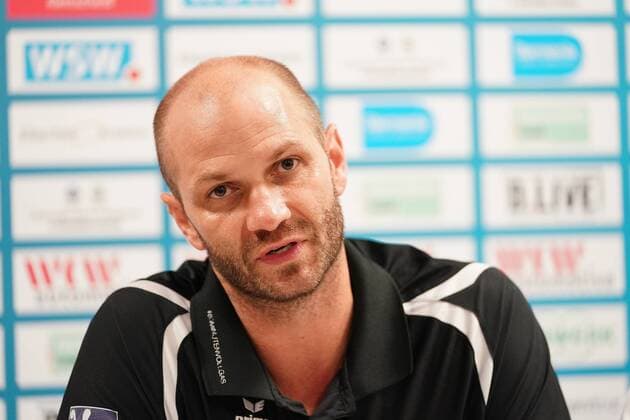 GER, 1. HBL. Herren, Bergischer HC vs. MT Melsungen 29.08.2019, Klingenhalle, Solingen, GER, 1. HBL. Herren, Bergischer HC vs. MT Melsungen, im Bild picture shows: Pressekonferenz (PK) nach dem Spiel, Trainer Headcoach Heiko Grimm (MT Melsungen),