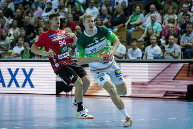 Deutschland,Wetzlar, Rittal-Arena, 15.09.2019, Handball,1. Liqui Moly HBL Bundesliga, 5.Spieltag, HSG Wetzlar - HSG Nordhorn-Lingen Bild: vo.Anton Lindskog (HSG Wetzlar, 66),Georg Poehle (Nordhorn-Lingen, 94) Copyright: HMBxMedia ThomasxJäger