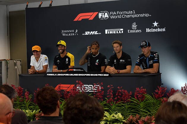FORMULA 1 2019 SINGAPORE AIRLINES SINGAPORE GRAND PRIX 19.09.2019, Marina Bay Street Circuit, Singapore, FORMULA 1 2019 SINGAPORE AIRLINES SINGAPORE GRAND PRIX ,im Bild Lando Norris (GBR 47), McLaren F1 Team, Daniel Ricciardo (AUS 3), Renault F1 Team, Lewis Hamilton (GB 44), Mercedes-AMG Petronas Motorsport, Romain Grosjean (FRA 8), Rich Energy Haas F1 Team, Robert Kubica (POL 88), Rokit Williams Racing