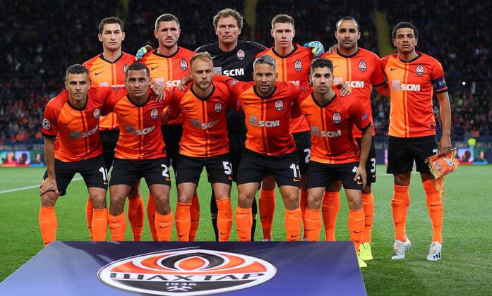 18.09.2019 Kharkiv(Ukraine) FC Shakhtar Donetsk-FC Manchester City Champions League men s football. Shakhtar Donetsk team L-R above:,Sergey Kryvtsov,Andriy Pyatov,Mykola Matvienko,Ismaily,Taison,Sergiy Balbot,Marlos, Down:Junior Moraes,Alan Patrick,Manor Solomon :Stringer