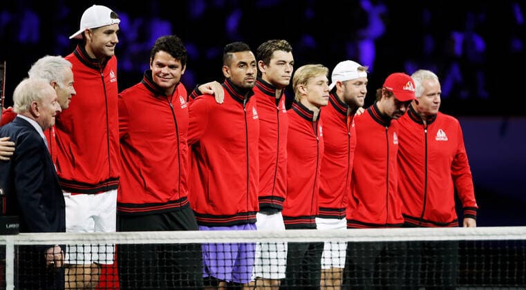 TENNIS - Laver Cup 2019 GENEVA,SWITZERLAND,22.SEP.19 - TENNIS - Laver Cup, Team Europe vs Team World. Image shows Rod Laver, John McEnroe, John Isner (USA), Milos Raonic (CAN), Nick Kyrgios (AUS), Taylor Fritz (USA), Denis Shapovalov (CAN)., Jack Sock (USA), Jordan Thompson (AUS) and Patrick McEnroe. GEPAxpictures xMatthiasxHauer