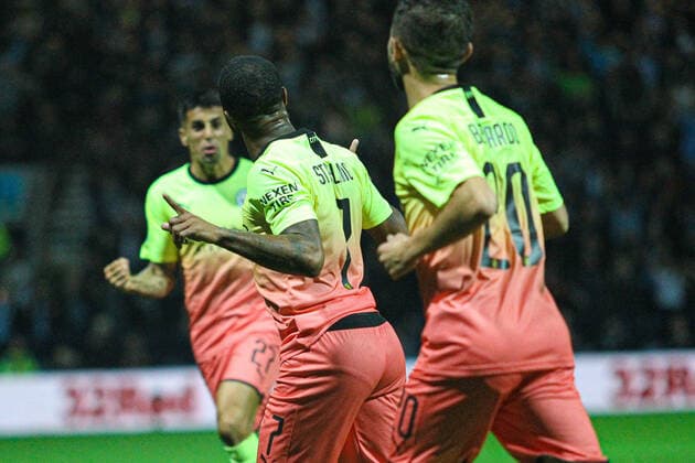 Raheem Sterling of Manchester City celebrates after scoring during the Carabao Cup match between Preston North End and Manchester City at Deepdale, Preston, England on 24 September 2019. Copyright: xJamesxxGillx PMI-3077-0030