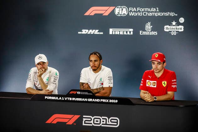 Motorsports: FIA Formula One World Championship, WM, Weltmeisterschaft 2019, Grand Prix of Russia, 77 Valtteri Bottas (FIN, Mercedes AMG Petronas Motorsport), 44 Lewis Hamilton (GBR, Mercedes AMG Petronas Motorsport), 16 Charles Leclerc (MCO, Scuderia Ferrari Mission Winnow), Sochi Russia