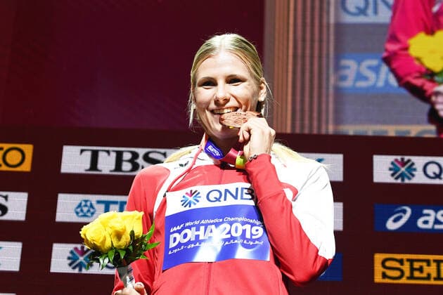 Doha, IAAF, Leichtathletik, athletics, Track and Field, World athletics Championships 2019 Doha, Leichtathletik WM 2019 Doha, 27.09-06.10.2019, Khalifa International Stadium Doha, Siebenkampf Frauen, Siegerehrung Verena Preiner Österreich mit Bronzemedaille ,