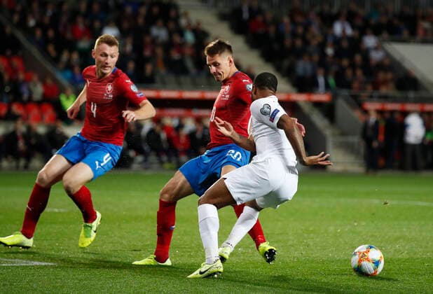 Raheem Sterling of England brought down by Lukas Masopust of Czech Republic in the box to earn a penalty during the UEFA EURO, EM, Europameisterschaft,Fussball 2020 Qualifying match at the Sinobo Stadium, Prague. Picture date: 11th October 2019. Picture credit should read: David Klein Sportimage EDITORIAL USE ONLY. No use with unauthorised audio, video, data, fixture lists, club league logos or live services. Online in-match use limited to 120 images, no video emulation. No use in betting, games or single club league player publications. SPI-0252-0053